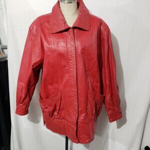 Vtg Niki Red Genuine Leather Zip Jacket Coat Retro Style L
